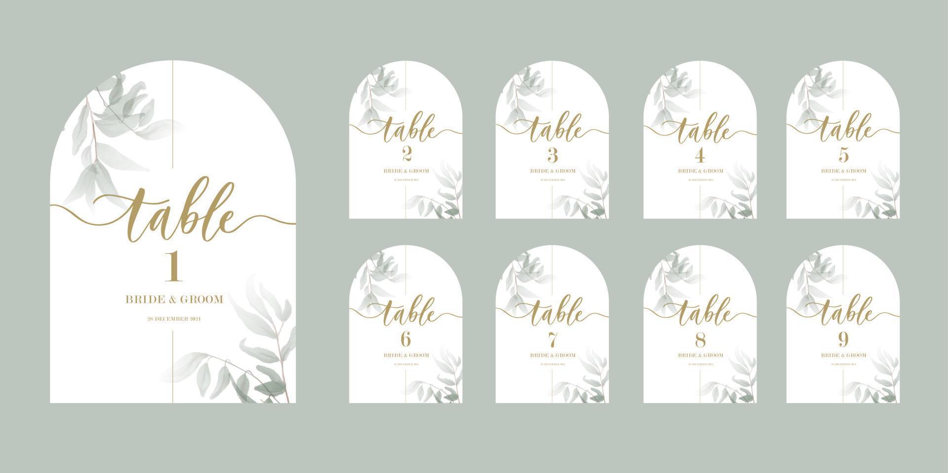 Invitados de caligrafía de boda tarjetas de asiento, plantilla con números y hojas verdes. vector