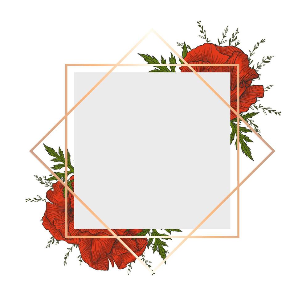 Vintage frame with flowers. Card with red poppies and green brunches. vector