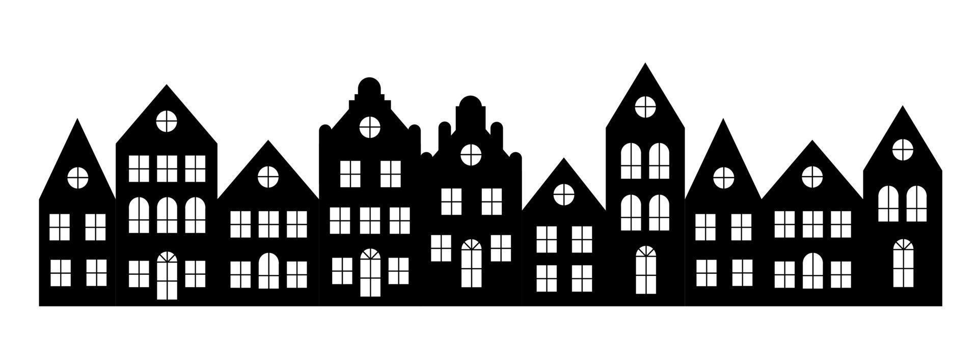 Laser cutting Amsterdam style houses. Silhouette of a row of typical dutch canal view at Netherlands. Stylized facades of old buildings. vector