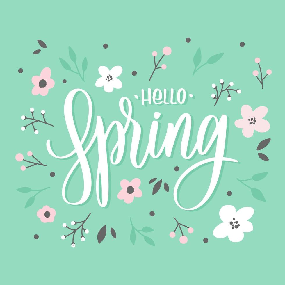 Hello spring lettering inscription with flowers. Love card with poppies. vector