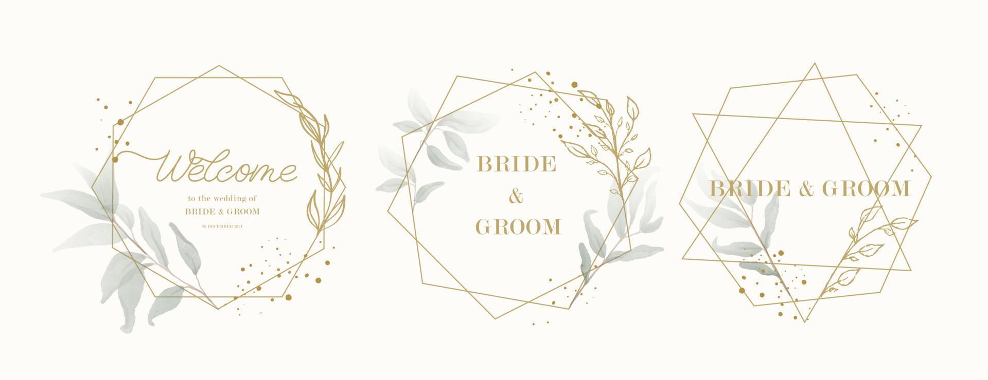 Welcome to the wedding of - wedding calligraphic sign with watercolor and green leaves. vector