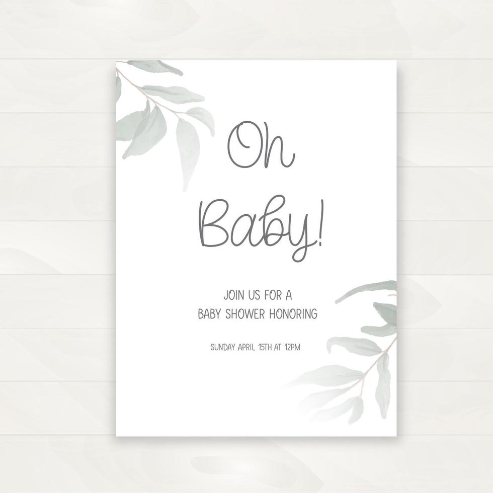 Invitación de baby shower y tarjeta de felicitación de feliz cumpleaños con hojas verdes acuarelas. ilustración vectorial, estilo dibujado a mano. vector