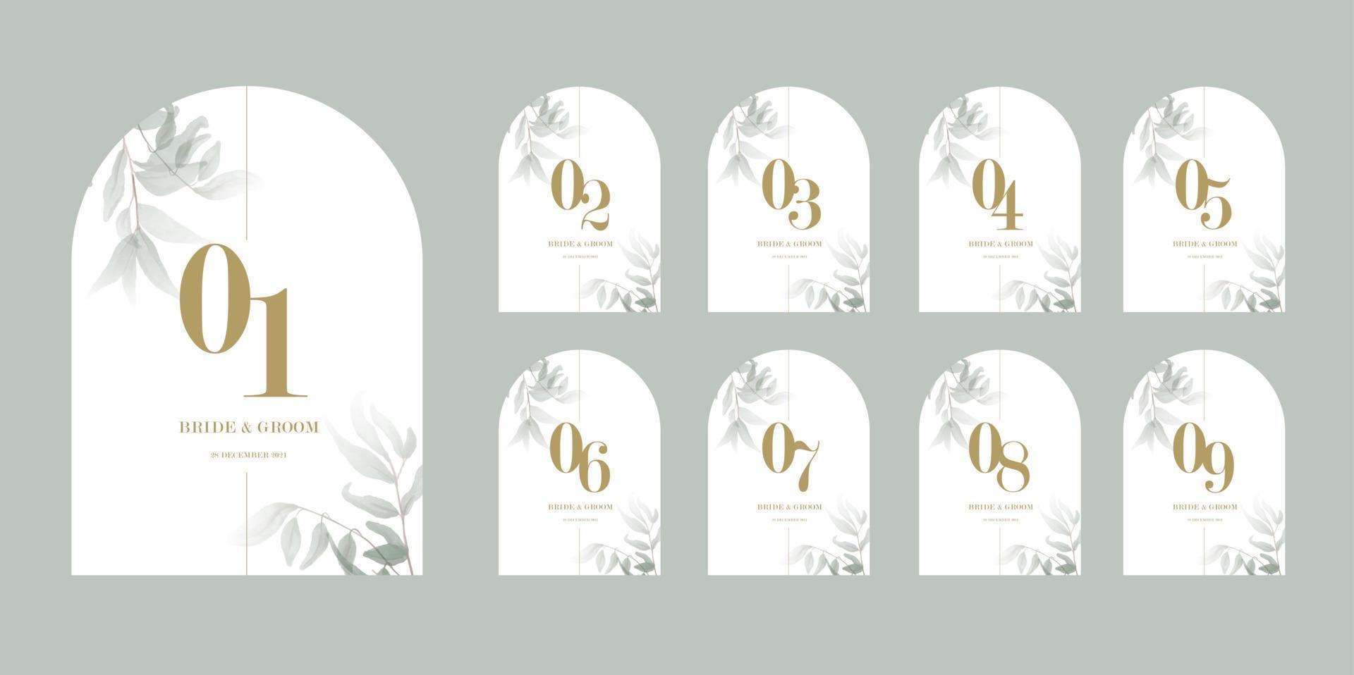 Wedding table number template with watercolor green leaves. vector