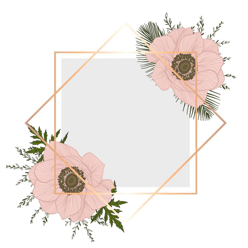 Vintage frame with flowers. Card with pink anemones and green brunches. vector