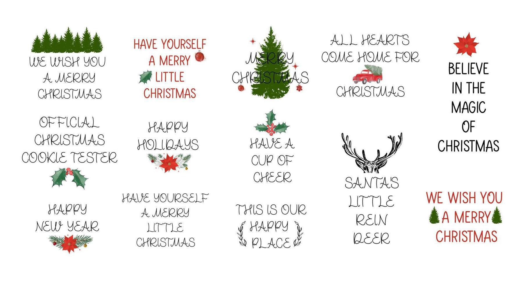 Merry Christmas lettering with wreath,tree, deer,twigs,poinsettia flower and red balls. Vector lettering sign Image Cut File for Cricut and Silhouette.Winter holidays greeting card, poster template.