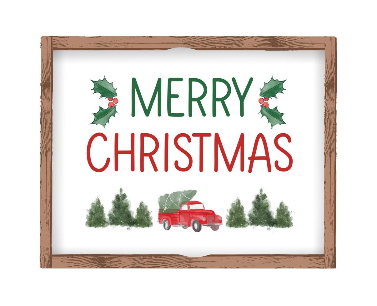 Merry Christmas lettering POSTER with car and tree in wood frame. Winter holidays greeting card, poster template. vector