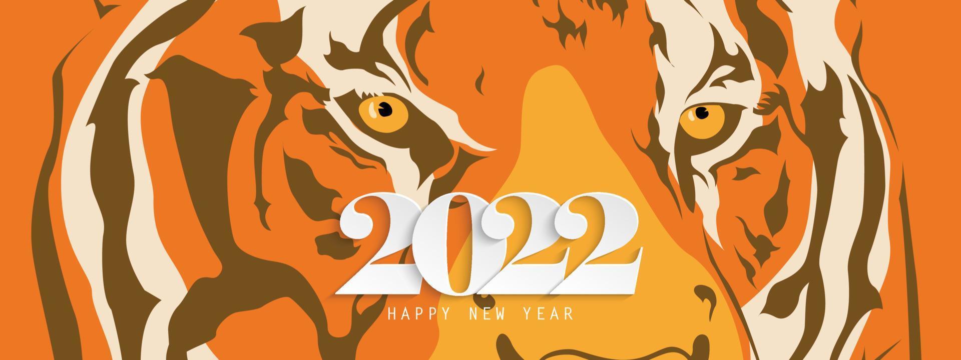 Feliz año nuevo ilustración vectorial números 2022 patrón moderno en la cara de tigre que te está mirando con ojos feroces para diseñar postales, carteles, folletos, pancartas. vector