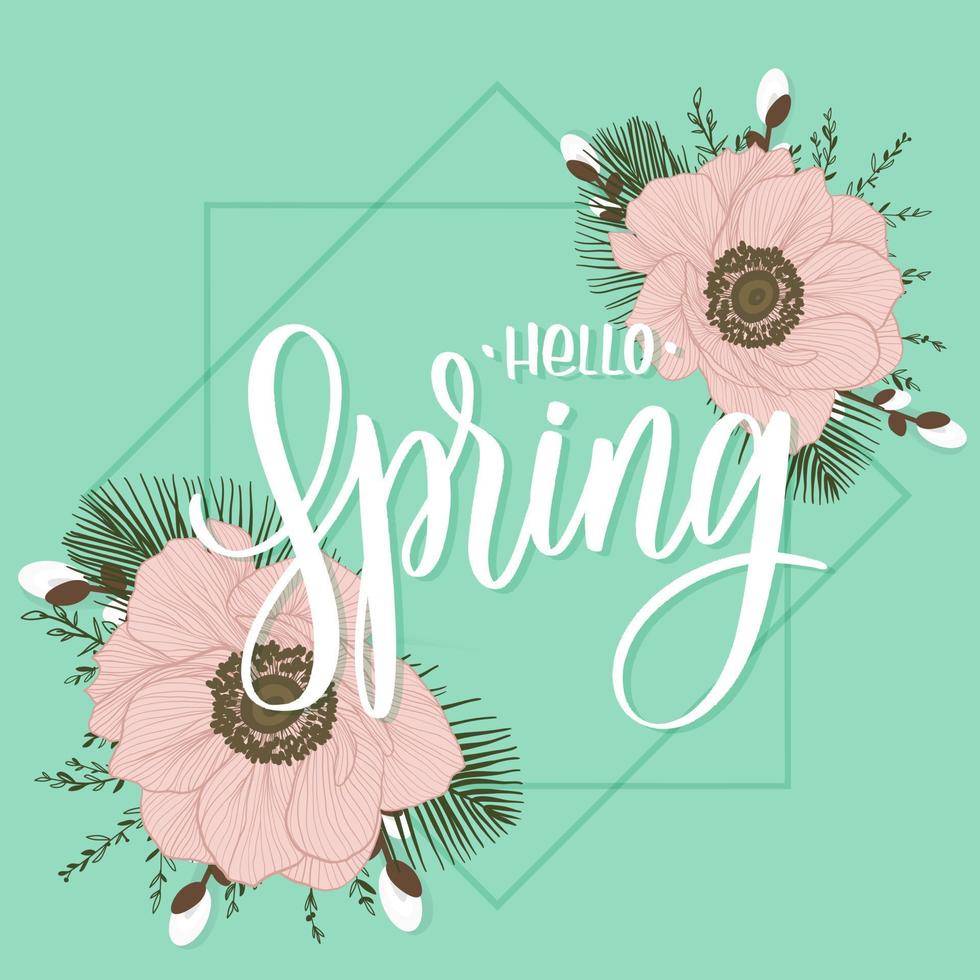 Hello spring lettering inscription with flowers. Love card with poppies. vector