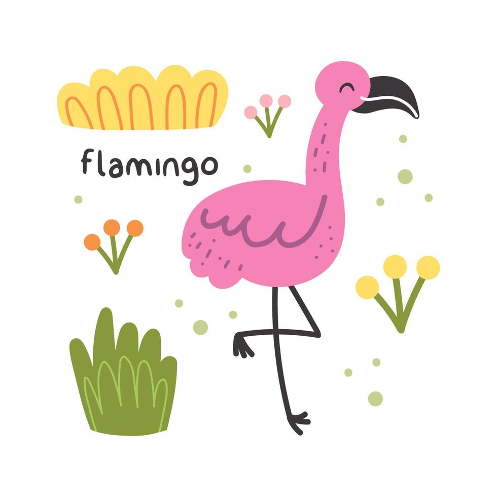 Ilustración infantil de animal salvaje pájaro flamenco con diseño de vector de hierba de hierbas para niños aislados sobre fondo blanco