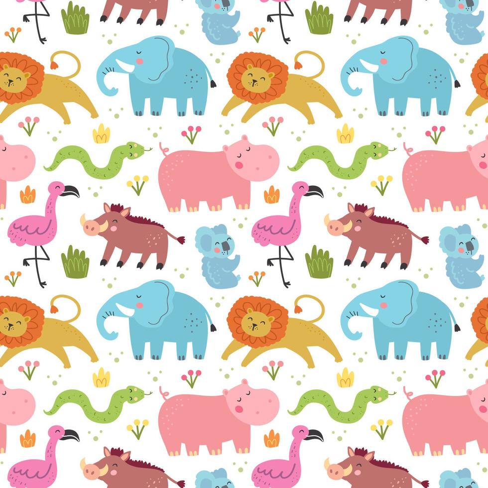 Wild animals endangered species Seamless pattern texture background Elephant lion flamingo snake hippo koala warthog Vector design for children Editable background