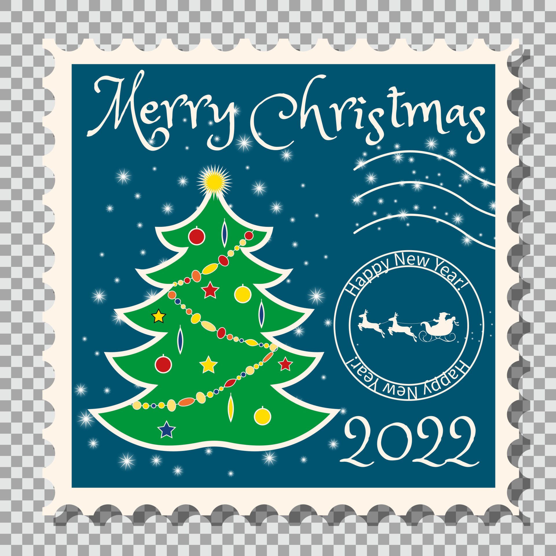 A set of cute hand-drawn postage stamps with Christmas and New Year  attributes, a mug