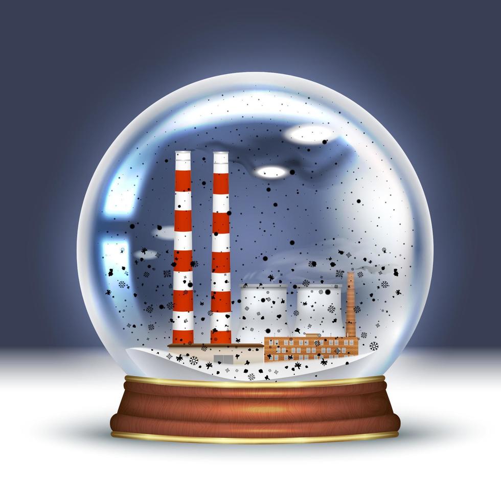 Ecological disaster, snow globe with a smoking plant, industrial pipes inside and black snow. Bad ecology, catastrophy. Ecological souvenir. Vector realistic illustration.