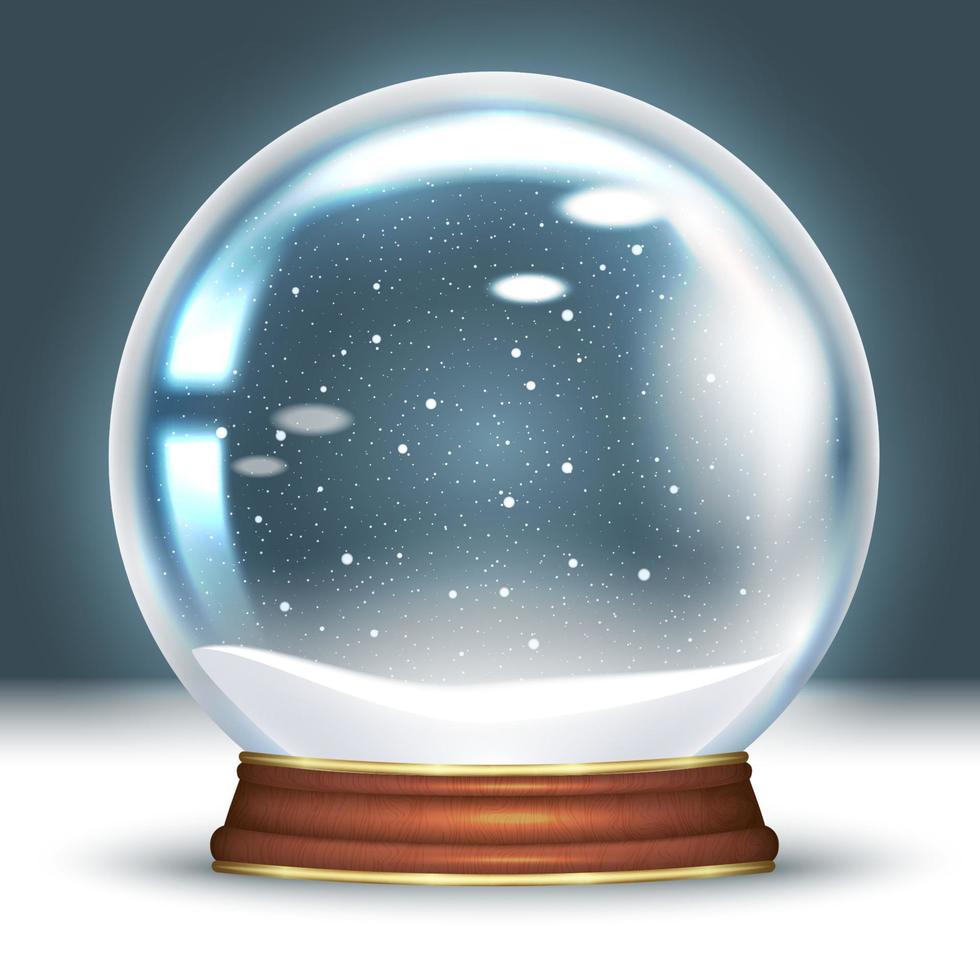 Crystal snow globe empty. 3D Realistic magic ball. Snowflakes swirl inside. Layout for a festive Christmas design. Vector illustration