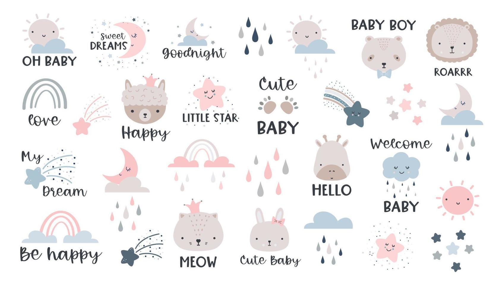 lindos carteles con luna, estrellas, nubes y letras. impresiones de vectores para la habitación del bebé, baby shower, tarjetas de felicitación, camisetas y ropa para niños y bebés. dibujados a mano, elementos gráficos de vivero.