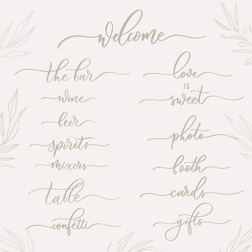 Wedding calligraphic inscriptions - welcome, the bar, table, cards, gifts, photo, booth. vector