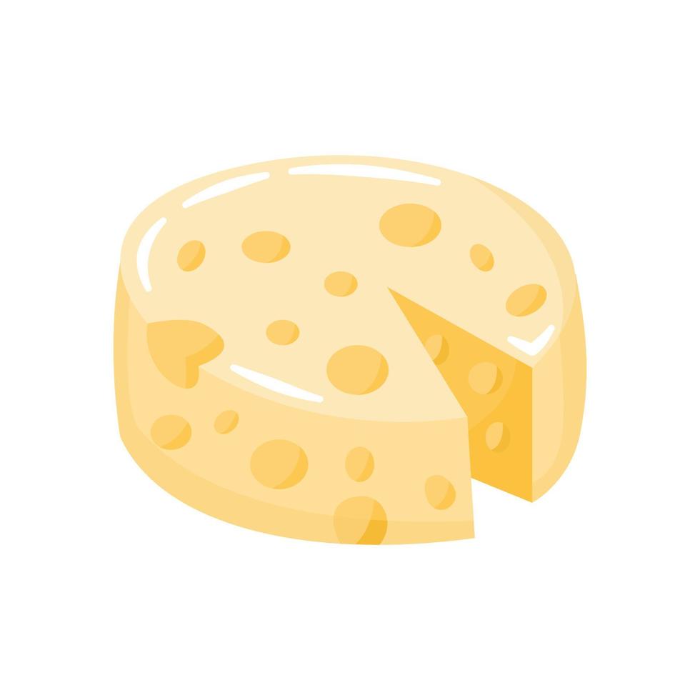 rueda de dibujos animados de queso. Círculo de queso amarillo con agujeros aislado sobre fondo blanco. ilustración vectorial plana. vector