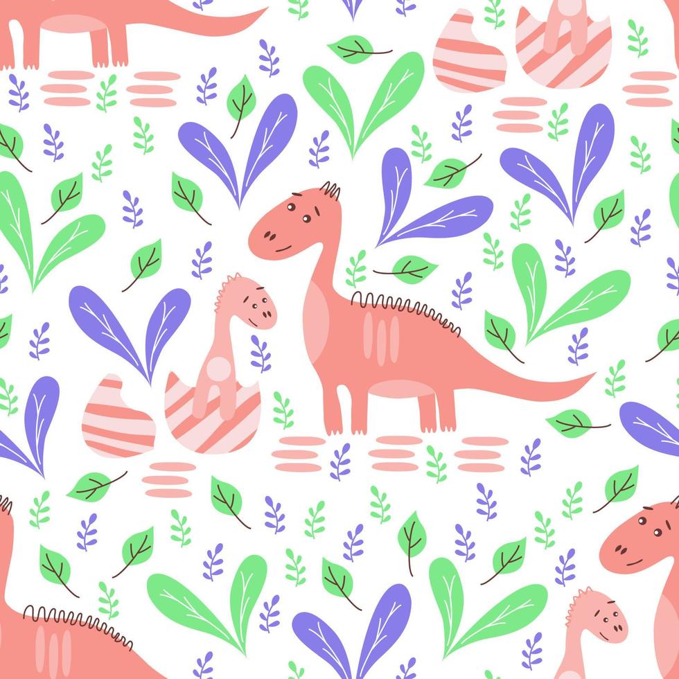 Seamless pattern with dinosaurs and plants elements. For fabric, wallpaper, wrapping paper. Cartoon vector illustration.
