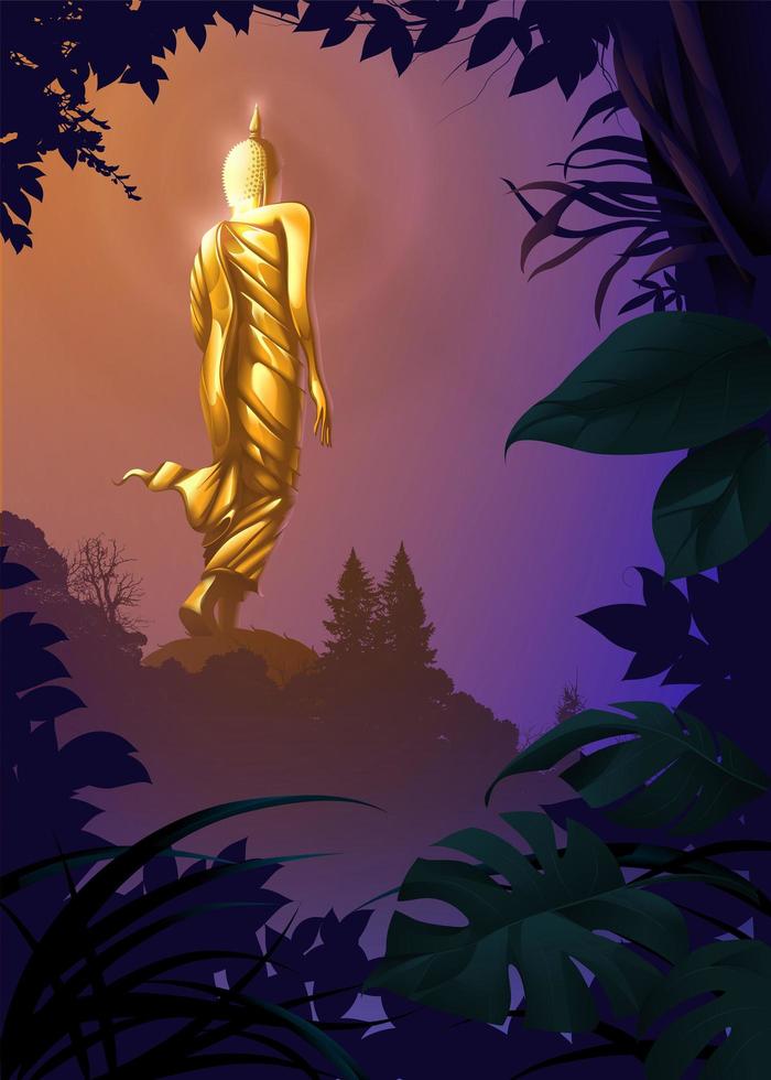 una estatua de buda caminando de oro o buda posado por leela en la cima de las montañas. vector
