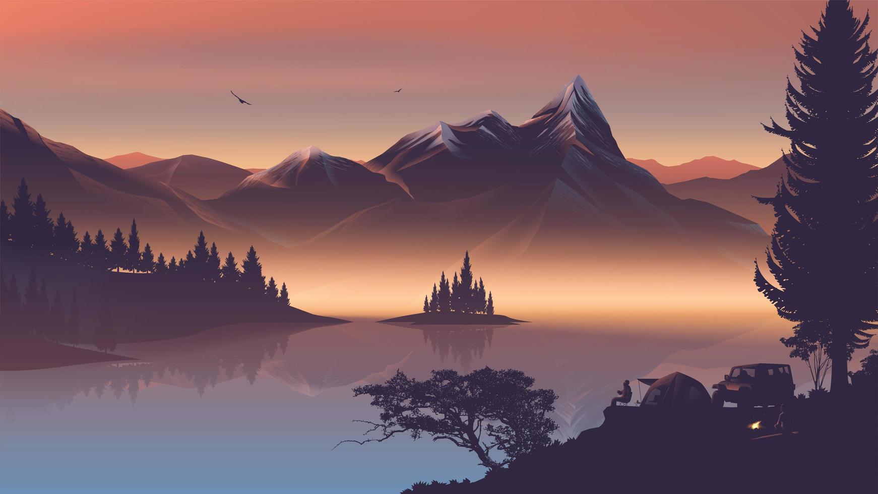 a fire camp near the lake with beautiful mountains in the morning vector