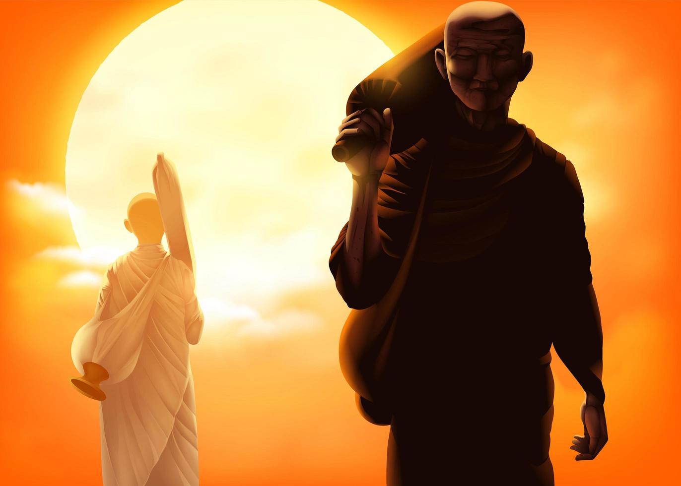 a male monk and female monk are walking in an opposite direction, but towards the same destination is Nirvana. vector