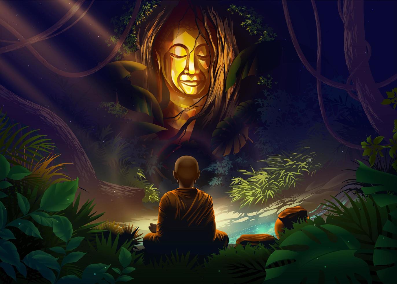 an arahant monk or holy monk is meditating in front of the mystery buddha statue that is covered with dense plants in the mysterious forest. vector