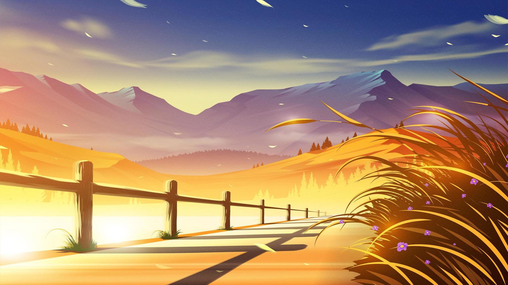 a lakeside walkway with beautiful mountain scenery in the background in anime style vector