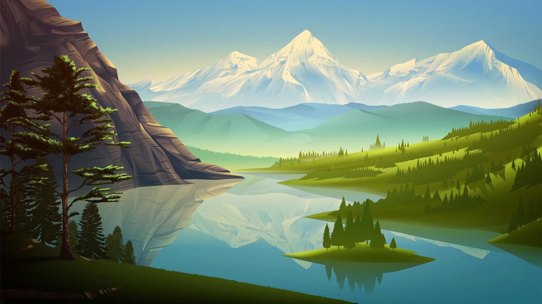 a lake view with beautiful snow mountains vector