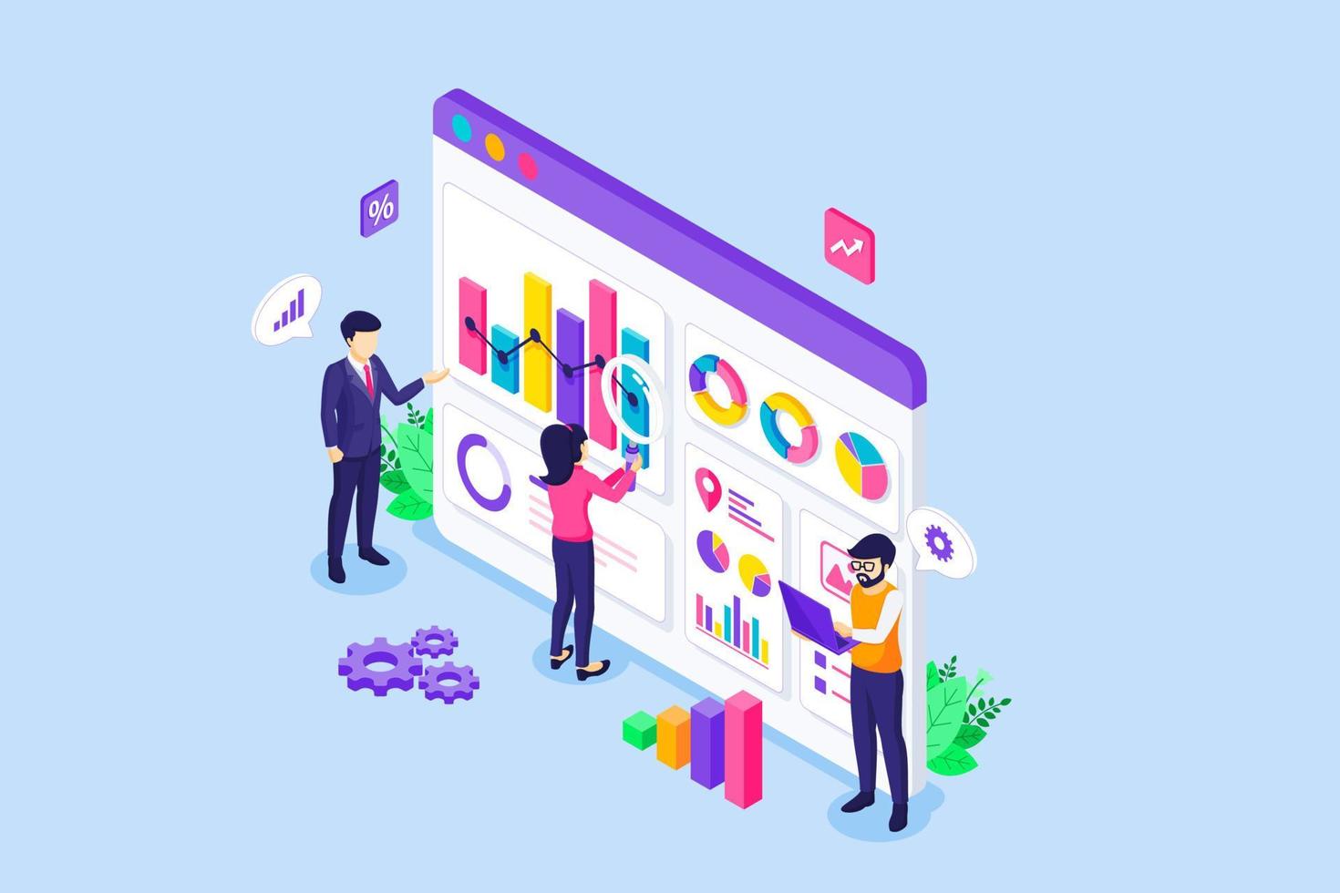 concepto de análisis y estadísticas de datos. Equipo de gente de negocios trabajando en un tablero gráfico en pantalla con gráficos y diagramas, informes financieros e inversiones. ilustración vectorial isométrica vector