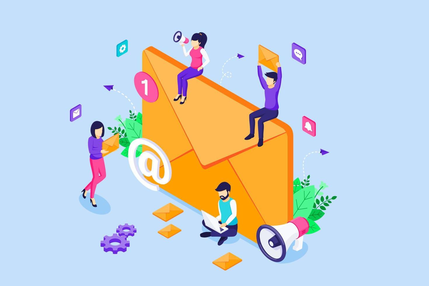 Email Marketing campaign concept, newsletter marketing, New email message with people characters. Isometric Vector Illustration