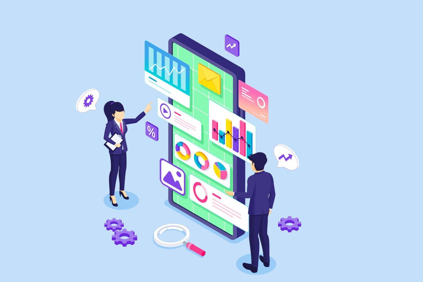 Business data analysis concept. Businessman and Businesswoman are monitoring charts and diagrams financial reports and investments on a big mobile phone. Isometric Vector Illustration