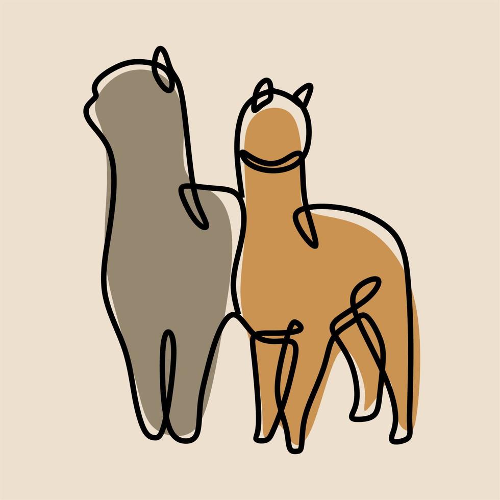 conjunto de arte de línea continua en línea de animales de alpaca vector