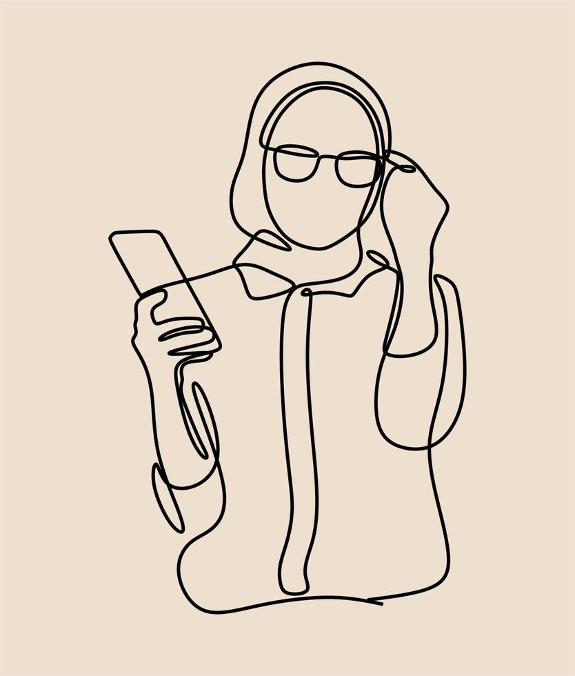 woman hijab muslim glasses style oneline continuous single line art vector