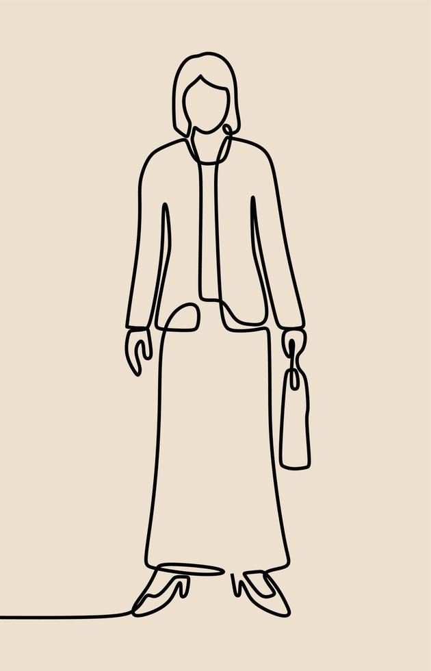 woman business bring suitcase oneline continuous single line art vector