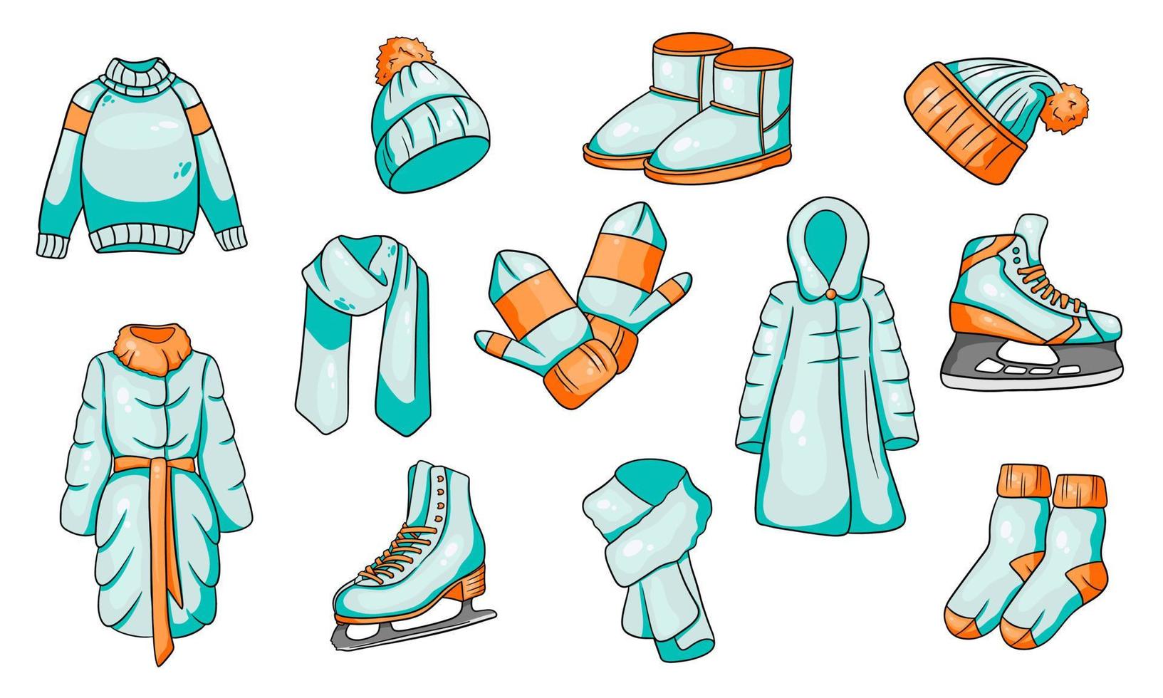 un conjunto de cosas de invierno. colección de ropa de abrigo. estilo de dibujos animados. vector