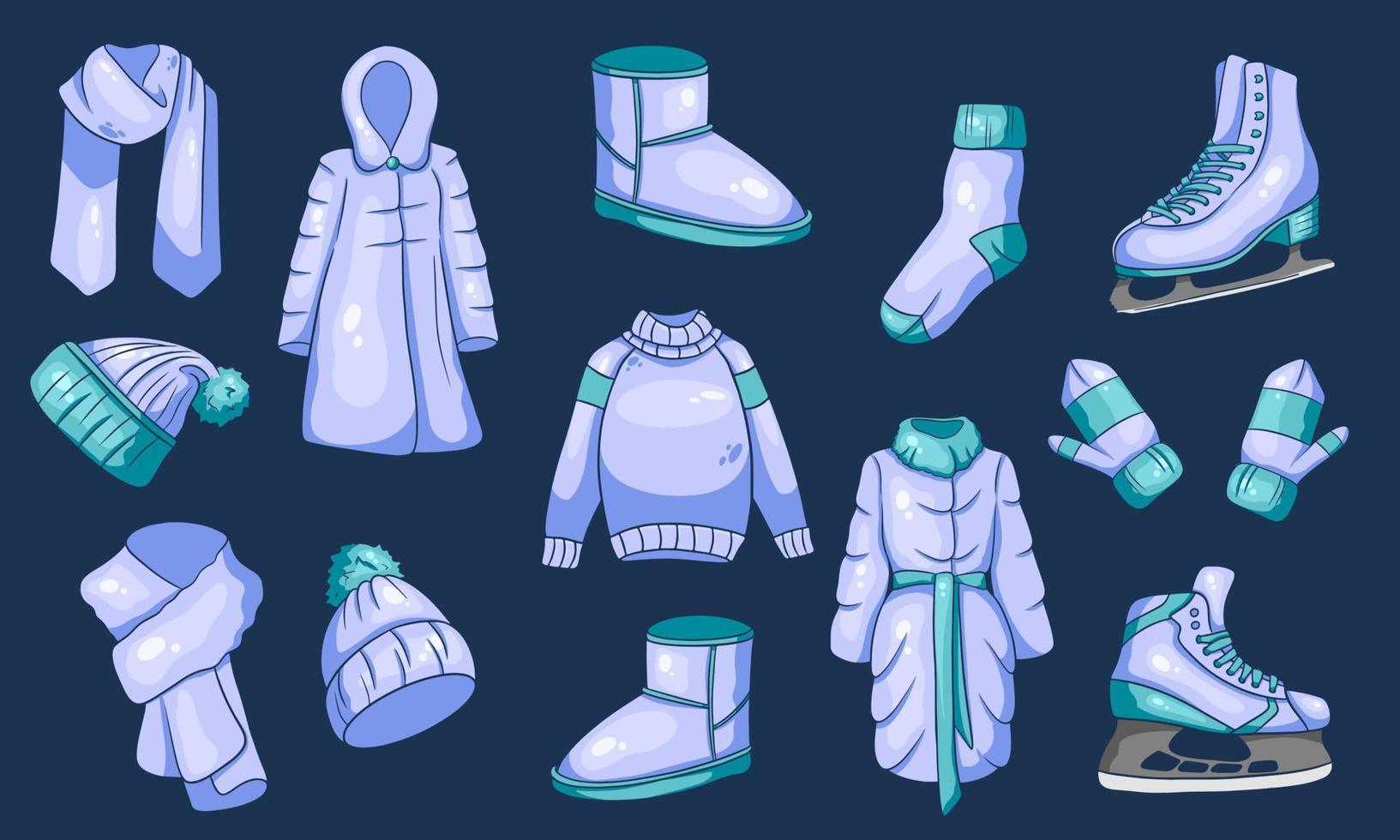 un conjunto de cosas de invierno. colección de ropa de abrigo. estilo de dibujos animados. vector