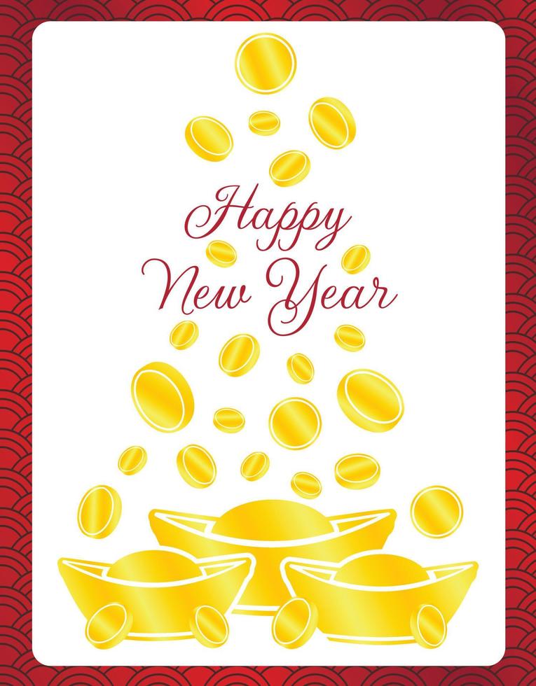 Greeting card with lettering happy chinese new year with gold coins and bars on red background with wave ornament vector