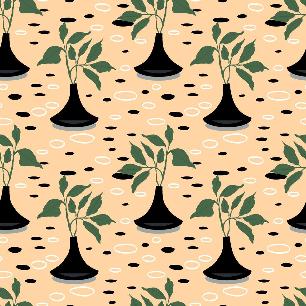 Houseplants in vases with spots and dots. Beautiful hand drawn seamless pattern. Home decor and gardening. Floristic concept. Indoor botany. Elements of modern design. Home flowers. vector