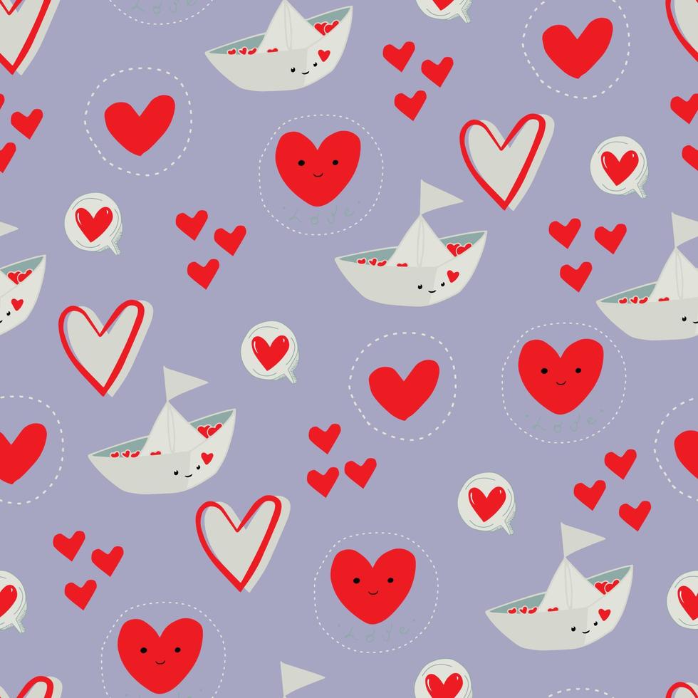 vector seamless pattern cute boat with hearts, hearts and speech bubbles. Background for stationery, fabrics, websites, packaging and invitation cards for Valentine's Day