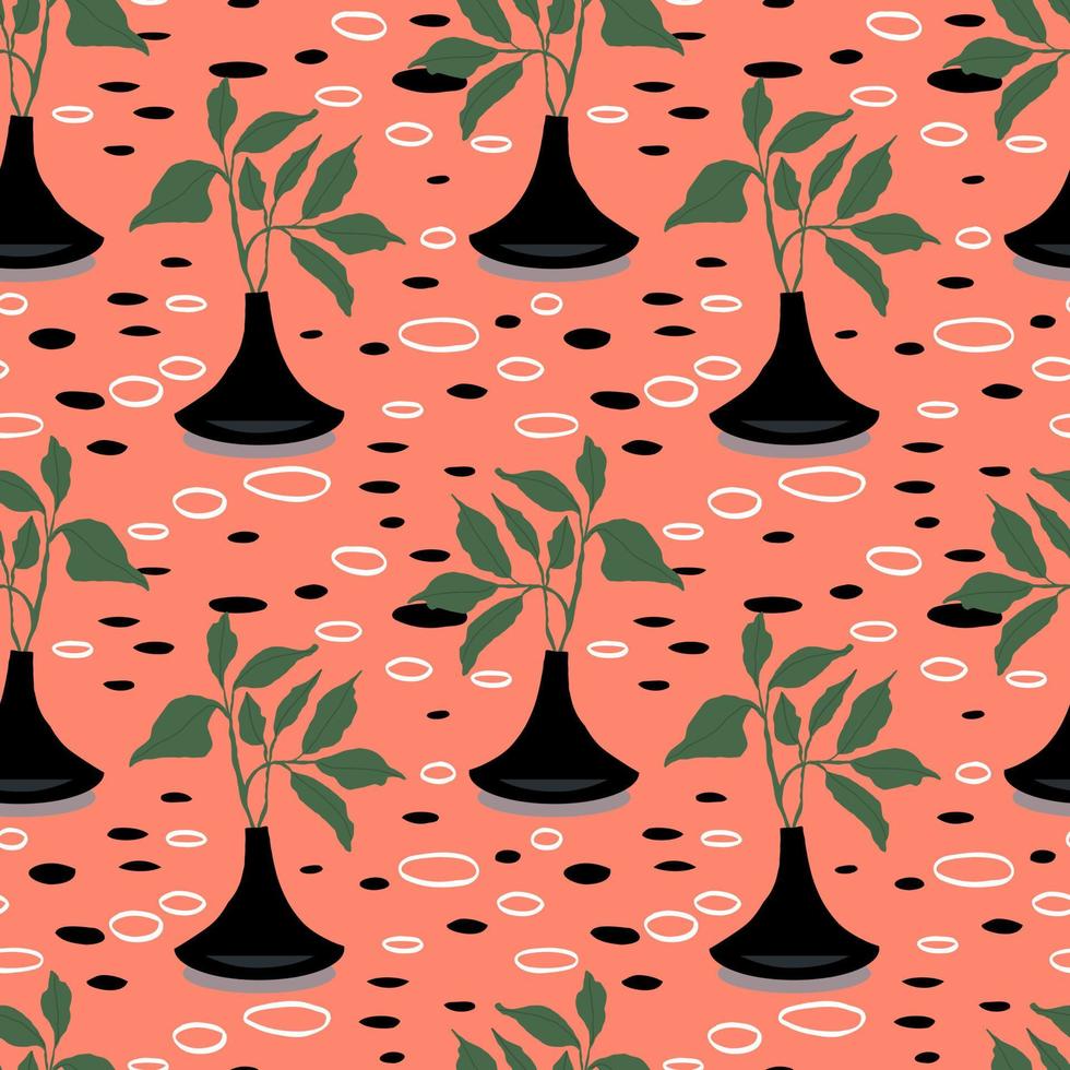 Houseplants in vases with spots and dots. Beautiful hand drawn seamless pattern. Home decor and gardening. Floristic concept. Indoor botany. Elements of modern design. Home flowers. vector