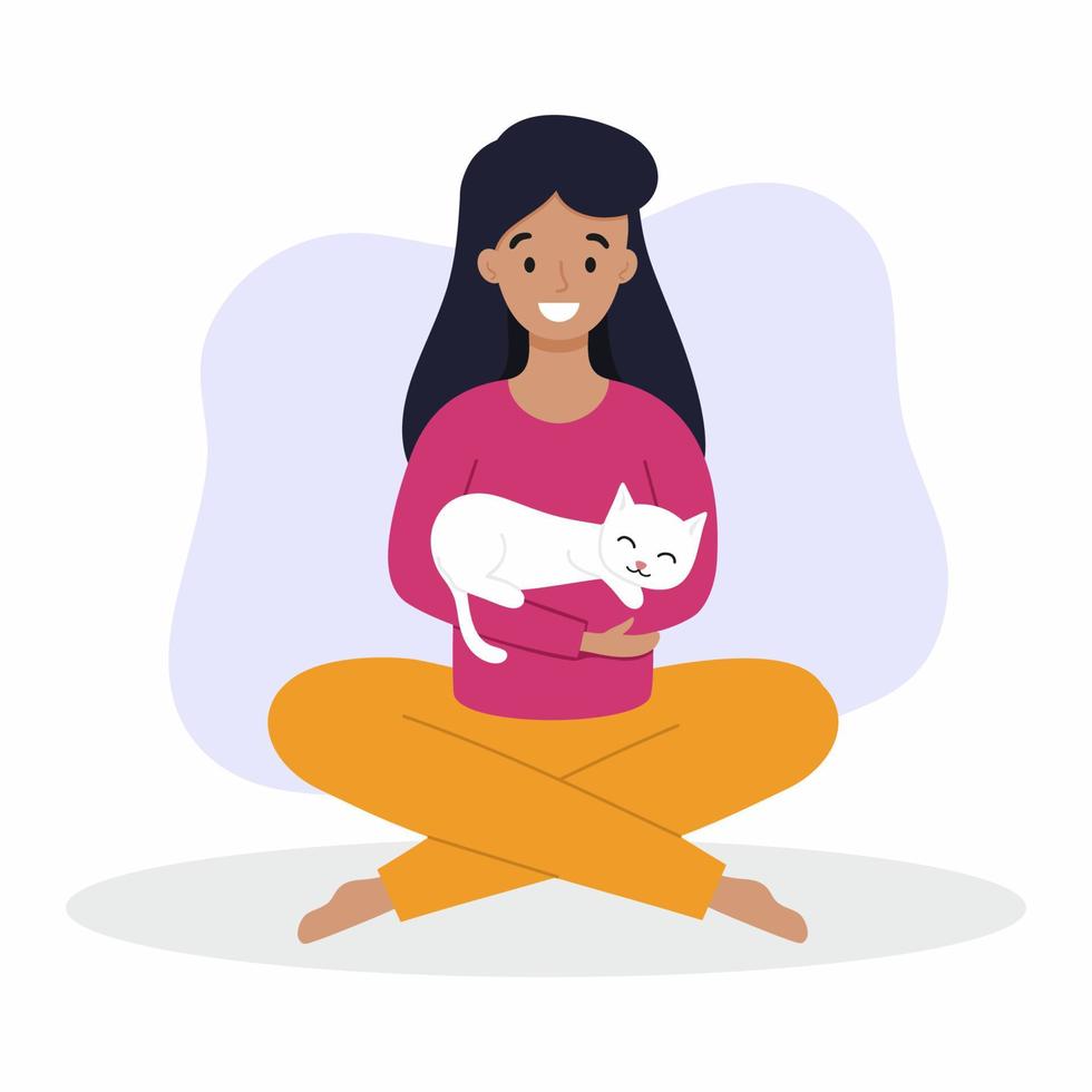 una niña tiene un gato en sus brazos. una mujer con un gato está sentada en el suelo. dueño y mascota. vector