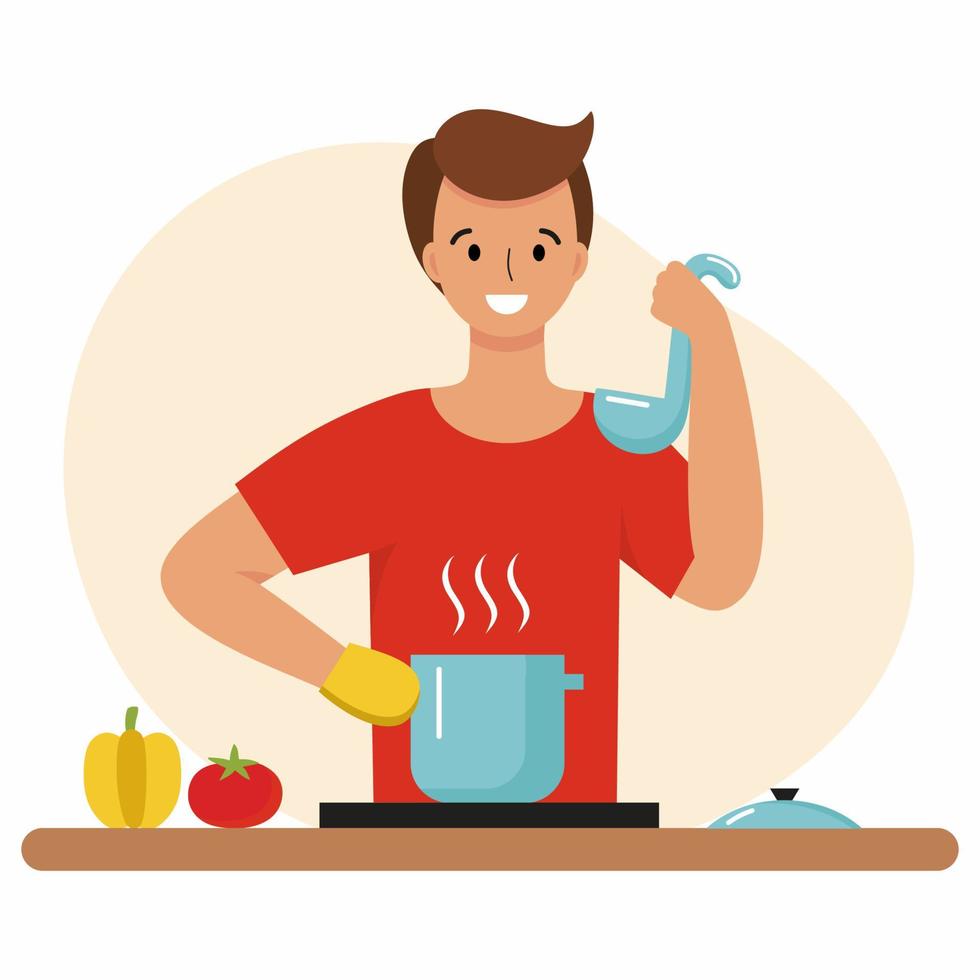 un hombre cocina sopa en la cocina. una persona cocina comida en una olla en la estufa. carácter vectorial en un estilo plano. vector