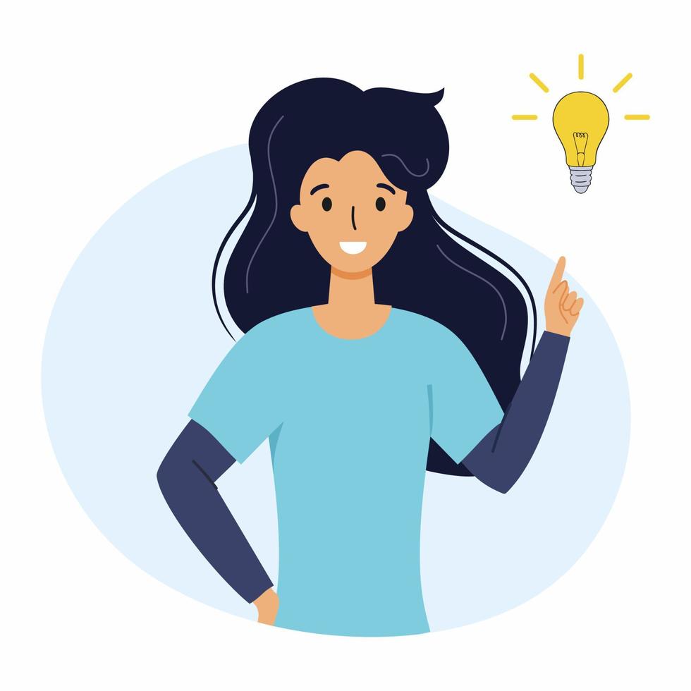 Girl had an idea. Search for solution to the problem. Woman and yellow light bulb. vector