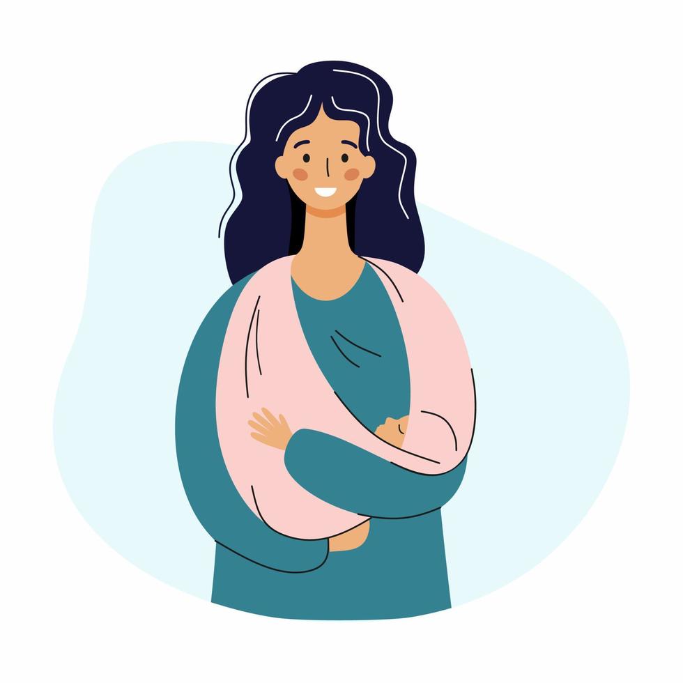 Young mother and child in sling. Woman holds baby in her arms. Vector character in cartoon style.