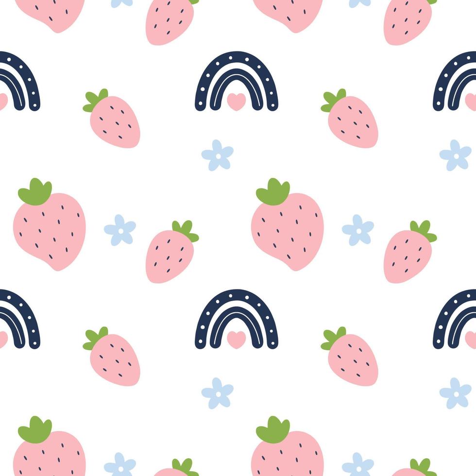 Seamless pattern with cute strawberries and  bright rainbow. Pink background for printing on fabric, textiles and packaging paper. Summer wallpaper in  girl room. vector