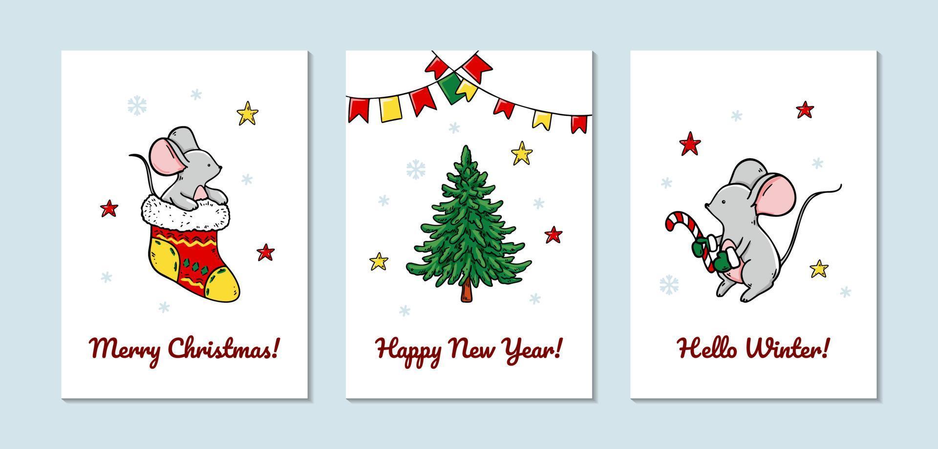 Set of vertical Merry Christmas and Happy New Year greeting cards with cute mice. Hand drawn vector illustration