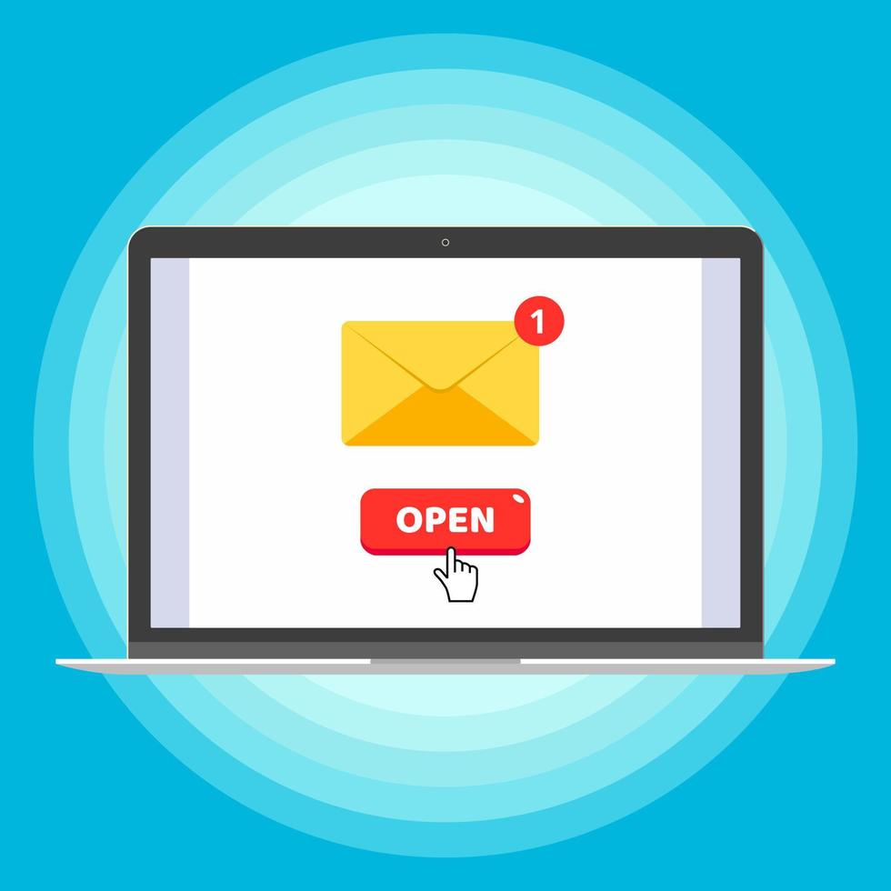 Modern electronic device - flat design laptop, notebook, netbook vector illustration with envelope and button open isolated on blue background. Technology concept of new message email postal symbol.