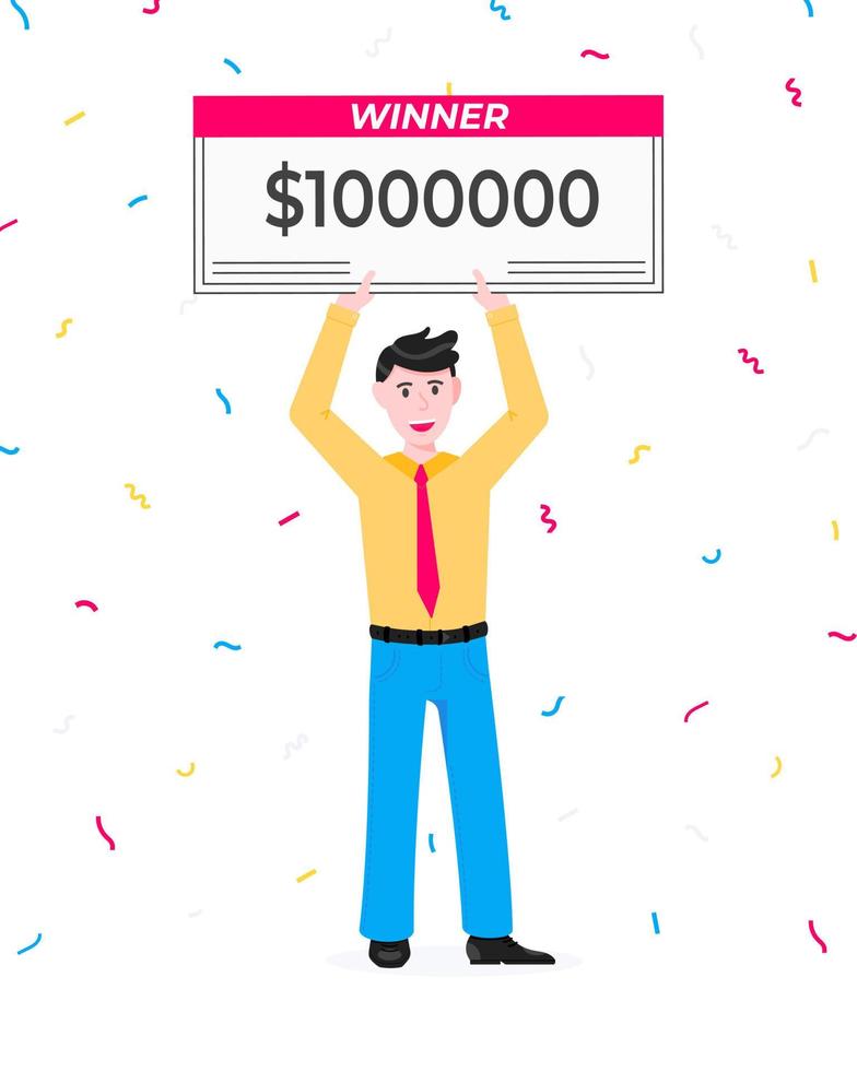 Happy lottery winner with big prize paycheck. vector