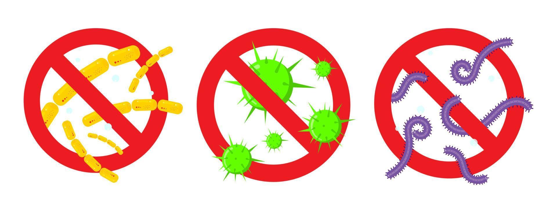 3 detener los virus y las bacterias malas o el signo de prohibición de gérmenes. vector