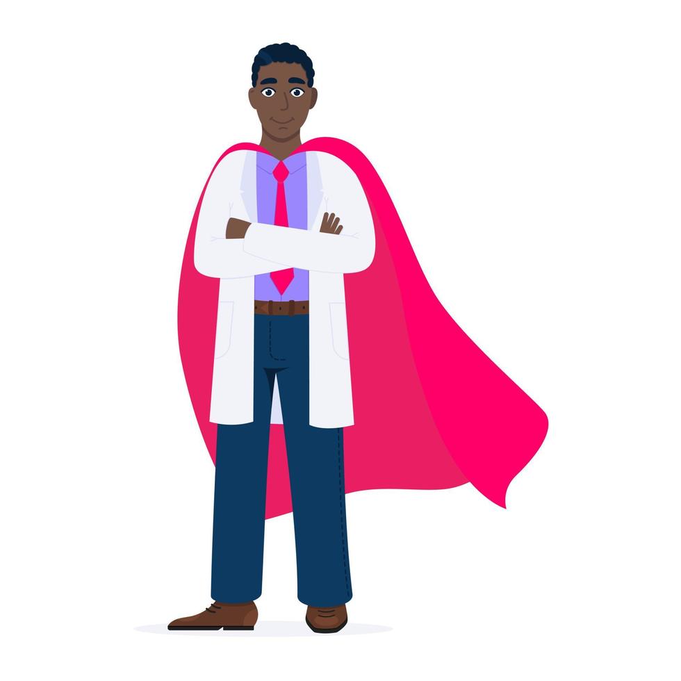 Young adult doctor hospital medical employee with hero cape behind. vector