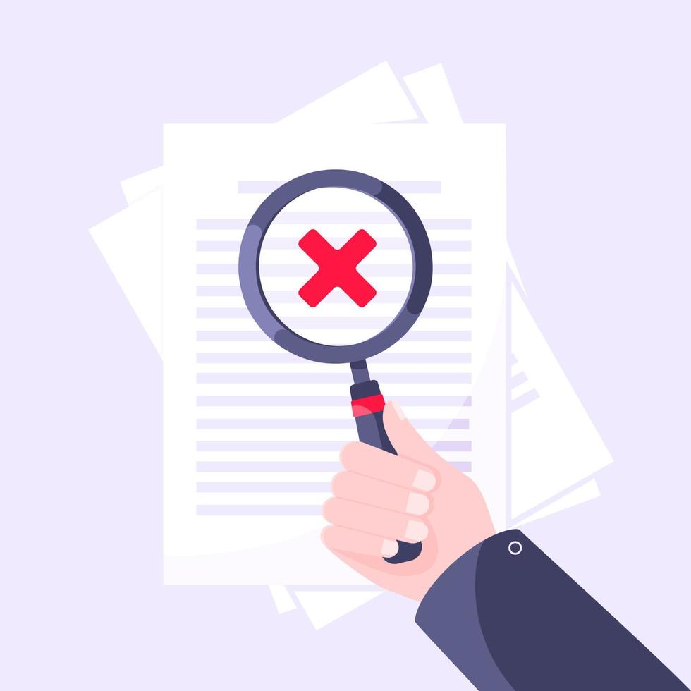 Rejected document verification concept with hand and magnifier. vector